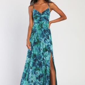 Lulus Beautiful Soul Teal Green Floral Print Twist-front Maxi Dress - Size XS